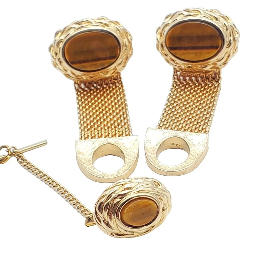 Tigers Eye Cufflinks Tie Tack Pin Gold Mesh Wrap Around Band Brown Stone Vintage